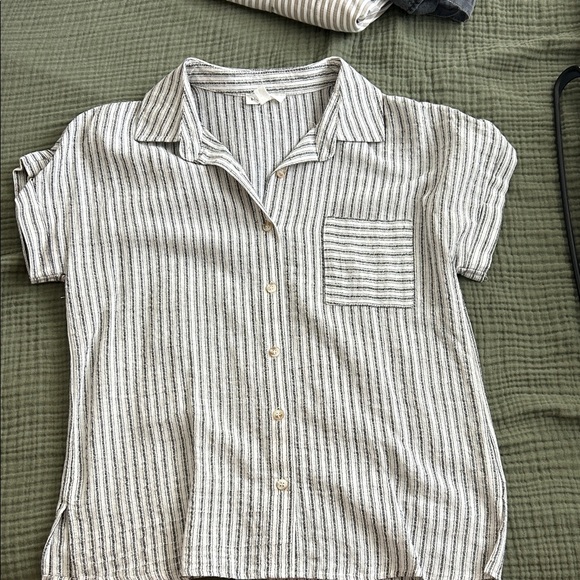Blu Pepper Tops - Blu Pepper Cream and Black Striped Button-Up Short Sleeve Top